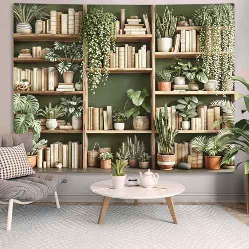 Green Plant Bookshelf Tapestry Botanical Bookshelf Tapestries Wall Hanging Modern Potted Plants Bookshelf Backdrop Large Tapestry for Bedroom Living Room Dorm 80 x 60 inch