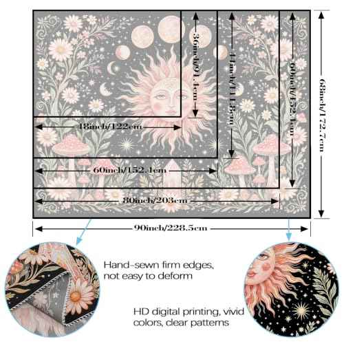 Boho Pink Sun Moon Phase Daisy Flower Mushroom Tapestry 80 x 60 Inch