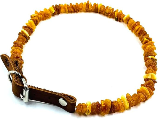 Baltic Amber Dog & Cat Collar - Adjustable Leather Strap with Raw Knotted Amber Beads (25-30cm)