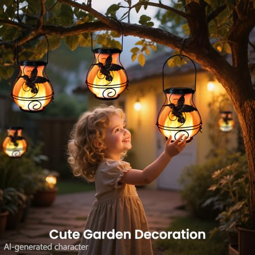 4 Pack Solar Lanterns Outdoor Waterproof Flickering Flame Lights Hummingbird Metal Hanging Solar Lantern Patio Porch Garden Decoration (4 Count)