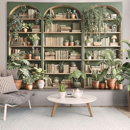 Sage Green Plant Bookshelf Tapestry Botanical Bookshelf Tapestries Wall Hanging Vintage Potted Plants Library Backdrop Large Tapestry for Bedroom Living Room Dorm 80 x 60 inch
