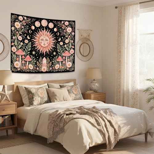 Boho Pink Sun Moon Phase Daisy Flower Mushroom Tapestry 80 x 60 Inch