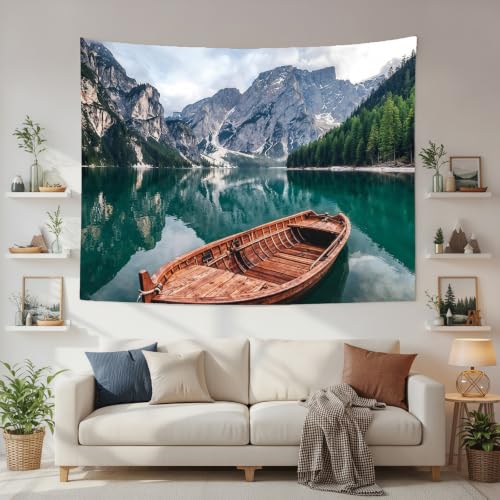Nature Mountain Lake Boat Tapestry 60x44 Inch
