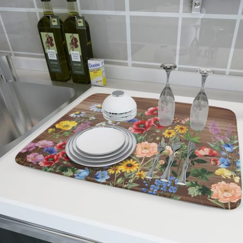 Spring Summer Dish Drying Mat for Kitchen Counter Farmhouse Floral Super Absorbent Reversible Microfiber Kitchen Countertop Protector Dishes Pad Large 18x24 inch