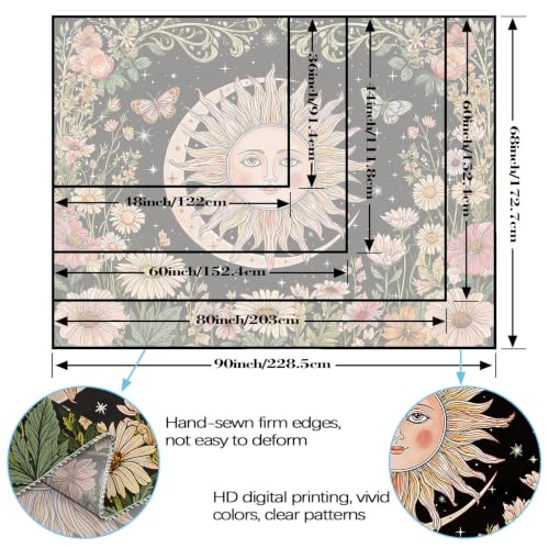 Boho Vintage Sun and Moon Hippie Floral Tapestry 80 x 60 Inch