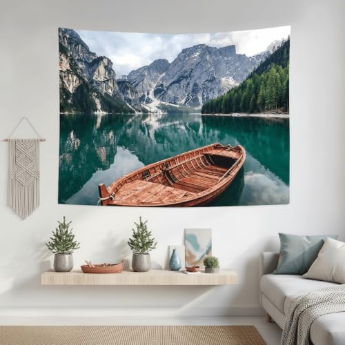 Nature Mountain Lake Boat Tapestry 60x44 Inch