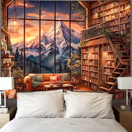 Forest Mountain Library Tapestry Fantasy Bookshelf Tapestries Wall Hanging Vintage Watercolor Nature Fairy Library Backdrop Extra Large Tapestry for Bedroom Living Room Classroom 90 x 68 inch