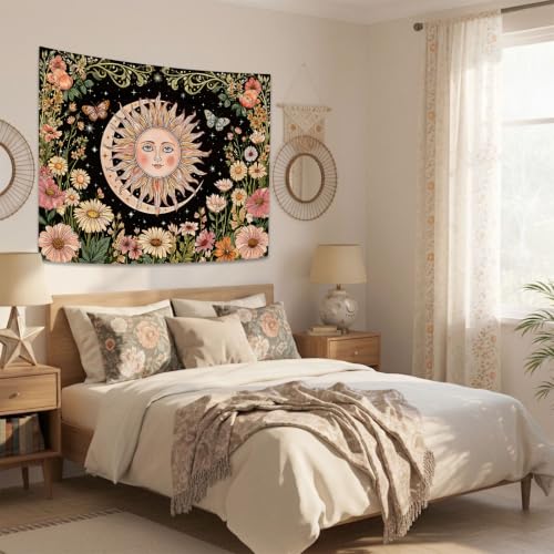 Boho Vintage Sun and Moon Hippie Floral Tapestry 80 x 60 Inch