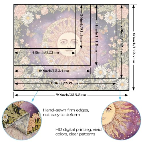 Vintage Sun and Moon Boho Hippie Purple Floral Tapestry 60 x 44 Inch