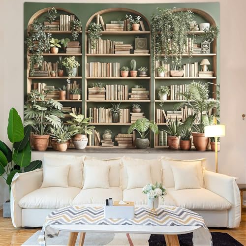 Sage Green Plant Bookshelf Tapestry Botanical Bookshelf Tapestries Wall Hanging Vintage Potted Plants Library Backdrop Large Tapestry for Bedroom Living Room Dorm 80 x 60 inch