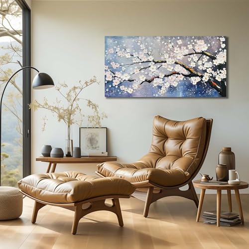 Plum Blossom Painting Wall Art For Living Room Blue And White Wall Art For Office Women Modern Art Wall Decor Bedroom Size 20 x 40 Inch