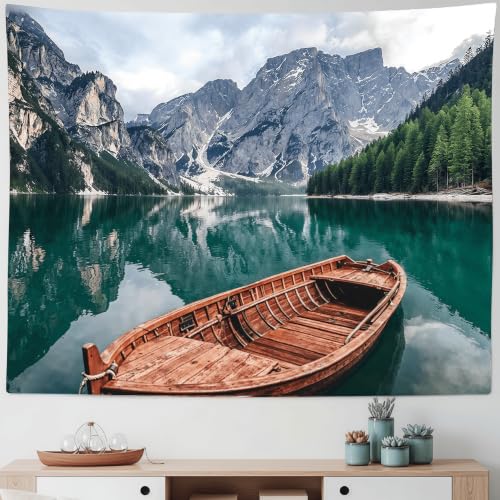 Nature Mountain Lake Boat Tapestry 60x44 Inch