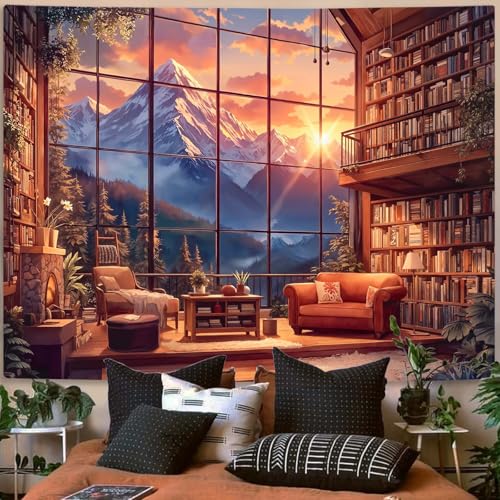 Forest Mountain Library Tapestry Fantasy Bookshelf Tapestries Wall Hanging Watercolor Nature Fairy Sunset Library Backdrop Large Tapestry for Bedroom Living Room Dorm Classroom 80 x 60 inch