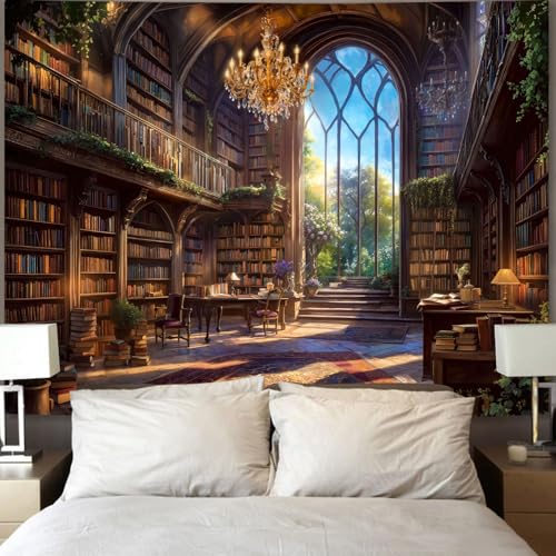 Vintage Library Tapestry Medieval Bookshelf Tapestries Wall Hanging Fantasy Academia Hall Book Backdrop Extra Large Tapestry for Bedroom Living Room Dorm Classroom 90 x 68 inch