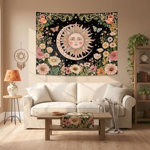 Boho Vintage Sun and Moon Hippie Floral Tapestry 80 x 60 Inch