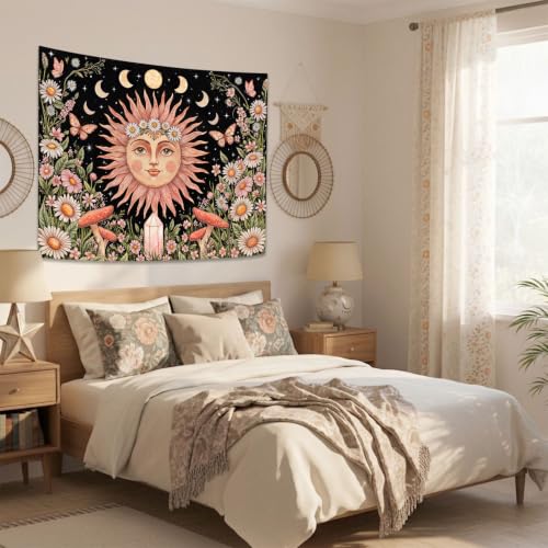 Boho Pink Sun Moon Phase Daisy Flower Floral Tapestry 80 x 60 Inch