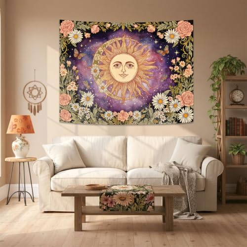 Vintage Sun and Moon Boho Hippie Purple Floral Tapestry 60 x 44 Inch