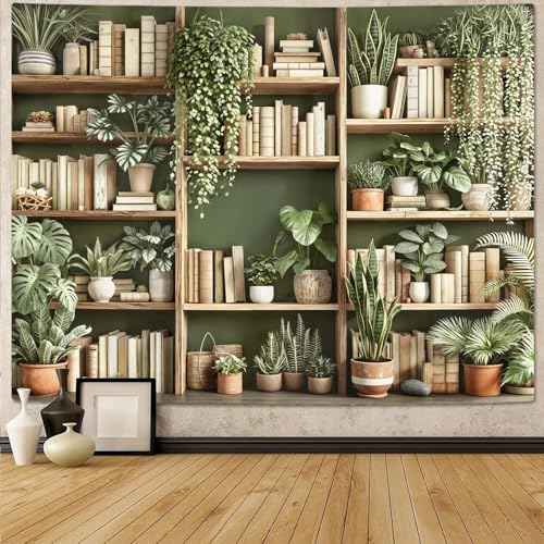 Green Plant Bookshelf Tapestry Botanical Bookshelf Tapestries Wall Hanging Modern Potted Plants Bookshelf Backdrop Large Tapestry for Bedroom Living Room Dorm 80 x 60 inch