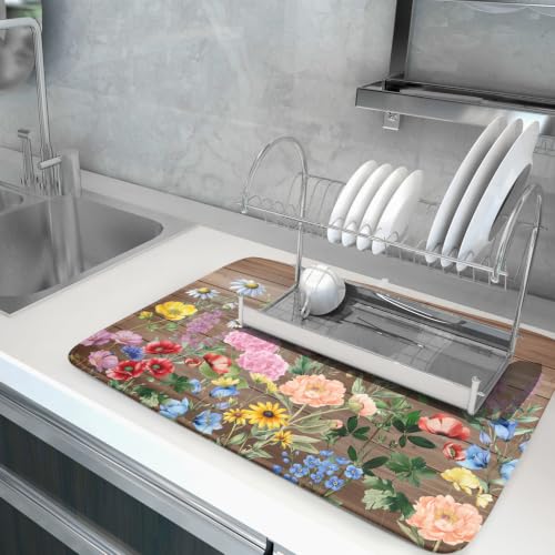 Spring Summer Dish Drying Mat for Kitchen Counter Farmhouse Floral Super Absorbent Reversible Microfiber Kitchen Countertop Protector Dishes Pad Large 18x24 inch