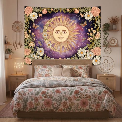 Vintage Sun and Moon Boho Hippie Purple Floral Tapestry 60 x 44 Inch