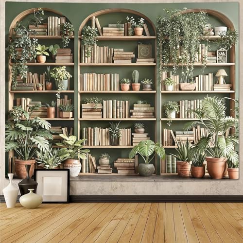 Sage Green Plant Bookshelf Tapestry Botanical Bookshelf Tapestries Wall Hanging Vintage Potted Plants Library Backdrop Extra Large Tapestry for Bedroom Living Room Dorm 90 x 68 inch