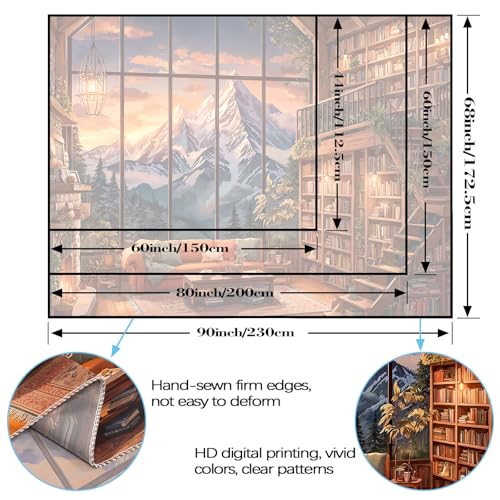 Forest Mountain Library Tapestry Fantasy Bookshelf Tapestries Wall Hanging Vintage Watercolor Nature Fairy Library Backdrop Extra Large Tapestry for Bedroom Living Room Classroom 90 x 68 inch