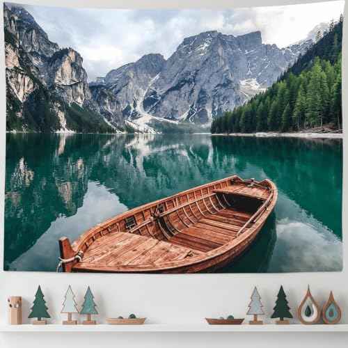 Nature Mountain Lake Boat Tapestry 90x68 Inch