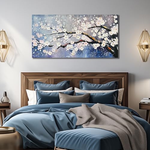 Plum Blossom Painting Wall Art For Living Room Blue And White Wall Art For Office Women Modern Art Wall Decor Bedroom Size 20 x 40 Inch