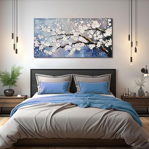 White Flowers Hand Painted Wall Art For Office Women Blue Wall Decor For Bedroom Aesthetic Family Wall Decor For Living Room Size 24 x 47 Inch