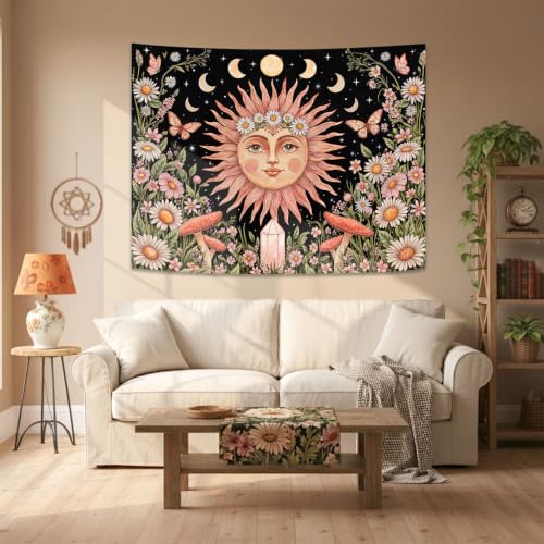 Boho Pink Sun Moon Phase Daisy Flower Floral Tapestry 60 x 44 Inch