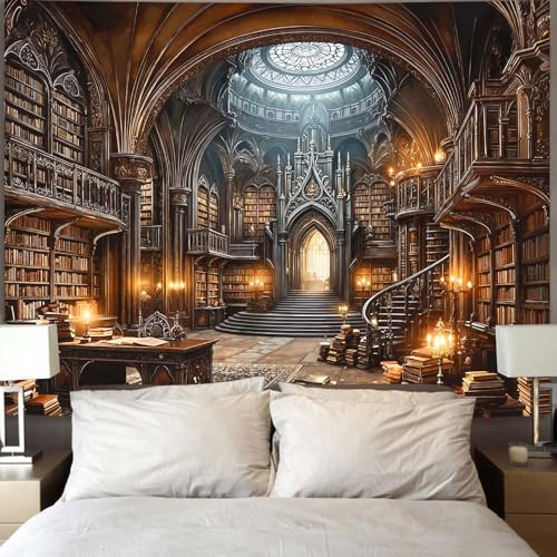 Gothic Library Tapestry Medieval Bookshelf Tapestries Wall Hanging Goth Vintage Dark Academia Hall Library Backdrop Extra Large Tapestry for Bedroom Living Room Dorm Classroom 90 x 68 inch