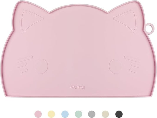 Coomazy Cat Food & Water Mat, Thicker Non-Slip Silicone Mat with Raised Edge (Pink, Medium)