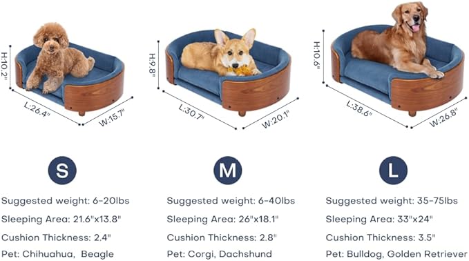 Scandinavian Style Elevated Dog Bed, Pet Sofa with Solid Wood Frame & Walnut Bent Wood Back, Orthopedic Support, Removable Washable Velvet Cover, Small Size, Dark Gray