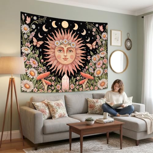 Boho Pink Sun Moon Phase Daisy Flower Floral Tapestry 80 x 60 Inch