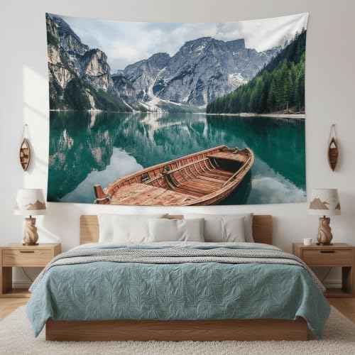 Nature Mountain Lake Boat Tapestry 90x68 Inch