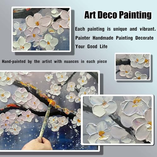 White Flowers Hand Painted Wall Art For Office Women Blue Wall Decor For Bedroom Aesthetic Family Wall Decor For Living Room Size 24 x 47 Inch