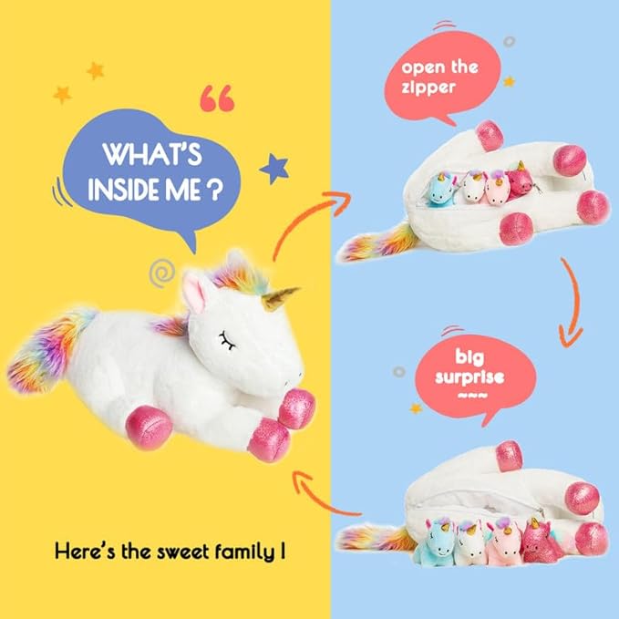 5 Pieces Unicorn Toys Stuffed Animals for Girls, 1 Mommy Unicorn with 4 Babies, Soft Plush Unicorn Toys Gifts for Girls 3 4 5 6 7 8 9 Years, Kids, Children, Christmas, Birthday, Valentine's