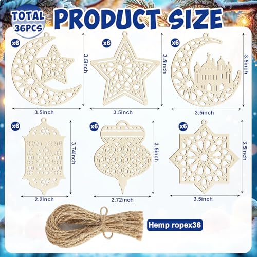 36PCS Wooden Ramadan Decorations Eid Islam Mubarak Ornaments Mubarak Hanging Hollow Pendant to Paint (36 Count)