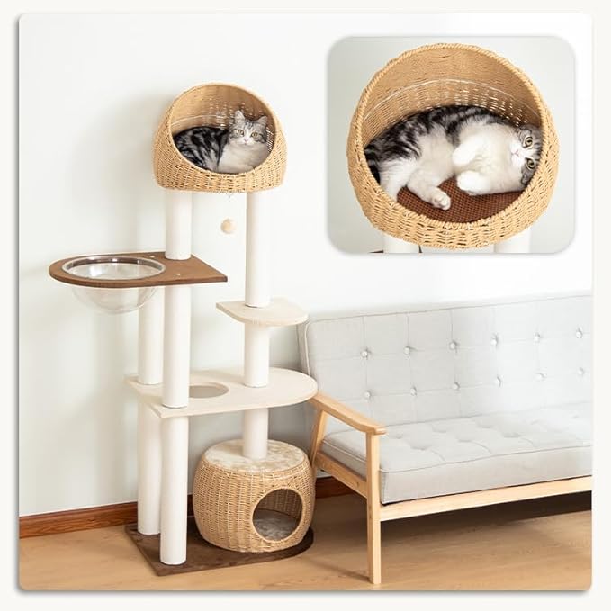 Wood Cat Tree 60'' with Woven Beds, 5-Level Natural Cat Condo with Sisal Posts & Clear Bubble Lounge, Multi-Level C at Furniture for Indoor Pets, Easy to Assemble (Brown-Particle Board)