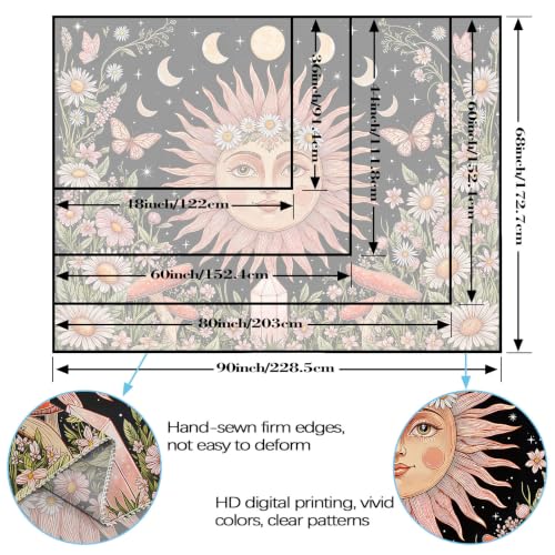 Boho Pink Sun Moon Phase Daisy Flower Floral Tapestry 80 x 60 Inch