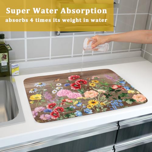 Spring Summer Dish Drying Mat for Kitchen Counter Farmhouse Floral Super Absorbent Reversible Microfiber Kitchen Countertop Protector Dishes Pad Large 18x24 inch
