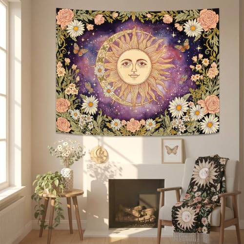 Vintage Sun and Moon Boho Hippie Purple Floral Tapestry 60 x 44 Inch