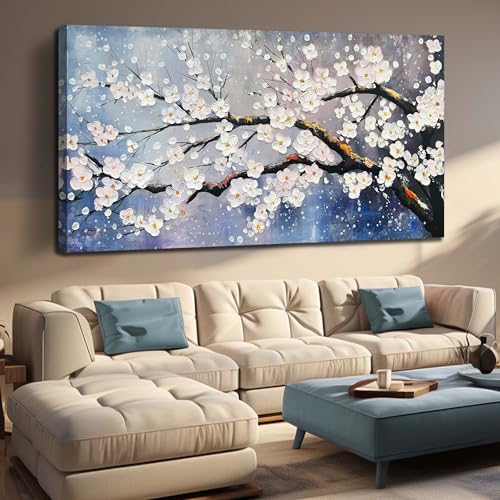 White Flowers Hand Painted Wall Art for Bedroom Blue Modern Wall Decor for Office Extra Large Wall Art for Living Room Size 36 x 72 Inch