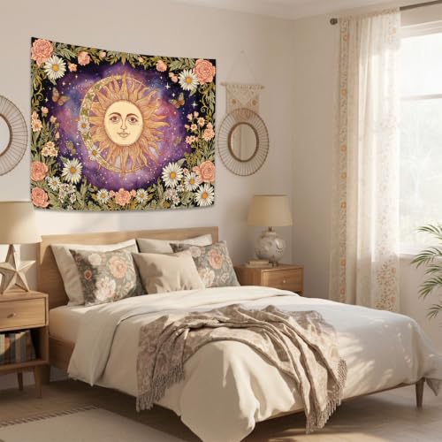 Vintage Sun and Moon Boho Hippie Purple Floral Tapestry 60 x 44 Inch