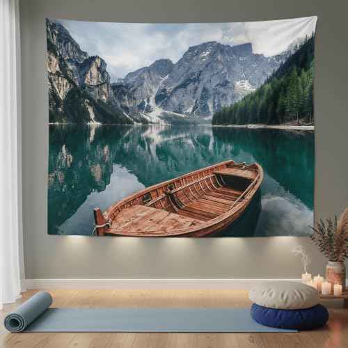 Nature Mountain Lake Boat Tapestry 90x68 Inch