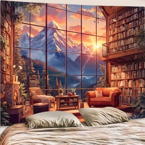 Forest Mountain Library Tapestry Fantasy Bookshelf Tapestries Wall Hanging Watercolor Nature Fairy Sunset Library Backdrop Extra Large Tapestry for Bedroom Dorm Room Classroom 90 x 68 inch
