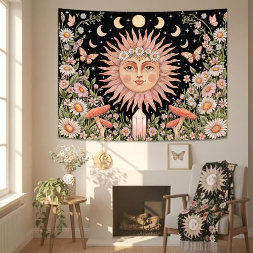 Boho Pink Sun Moon Phase Daisy Flower Floral Tapestry 80 x 60 Inch
