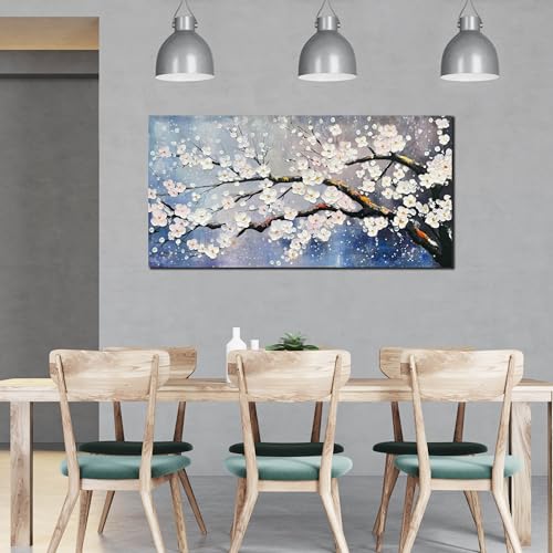 White Flowers Hand Painted Wall Art For Office Women Blue Wall Decor For Bedroom Aesthetic Family Wall Decor For Living Room Size 24 x 47 Inch