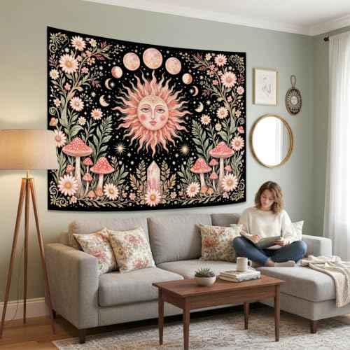 Boho Pink Sun Moon Phase Daisy Flower Mushroom Tapestry 80 x 60 Inch