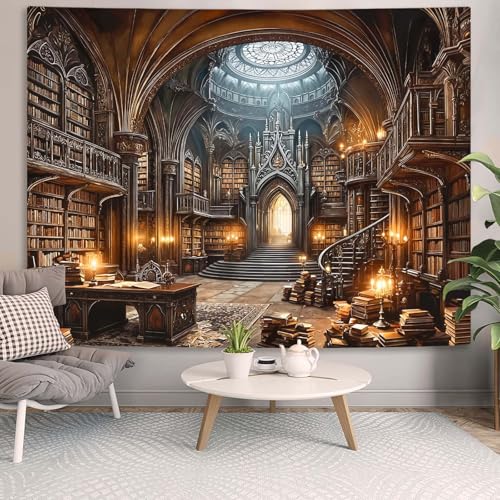 Gothic Library Tapestry Medieval Bookshelf Tapestries Wall Hanging Goth Vintage Dark Academia Hall Book Library Backdrop Large Tapestry for Bedroom Living Room Dorm Classroom 80 x 60 inch